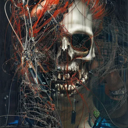 Image similar to in a dark room, a male cyberpunk hacker, skulls, wires cybernetic implants, machine noir steelpunk grimcore, in the style of adrian ghenie esao andrews jenny saville surrealism dark art by james jean takato yamamoto and by ashley wood