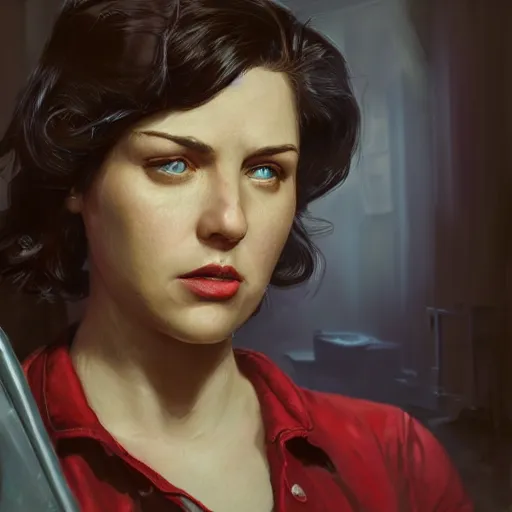 Image similar to portrait of a brunette chubby woman with blue eyes in fallout 4, light stubble with red shirt inside victorian mansion ,digital art,photorealistoc,art by greg rutkowski,hyperdetailed,western comic style,comic,comic style,sharp lineart,professional lighting,deviantart,artstation,trevor henderson,rossdtaws,cinematic,dramatic