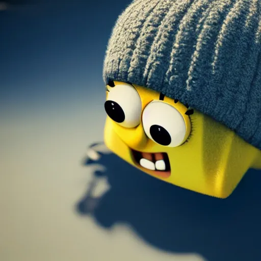 Image similar to sponebob in a beanie, photorealistic, soft focus, depth of field,