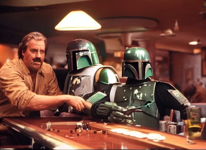 Prompt: boba fett and earth vader drinking at a bowling alley bar in the movie the big lebowski