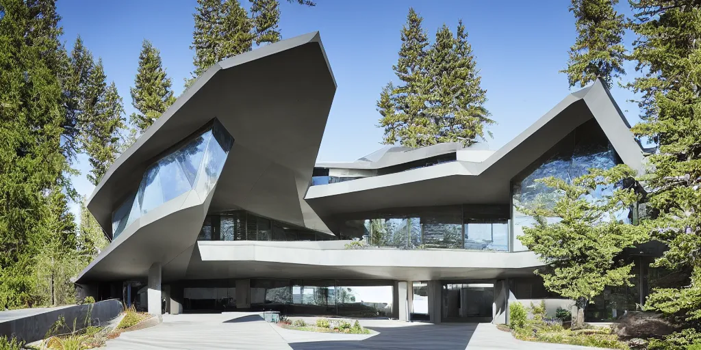 Image similar to large futuristic residence, gray concrete, many large windows, washington state, water features, triangular elements