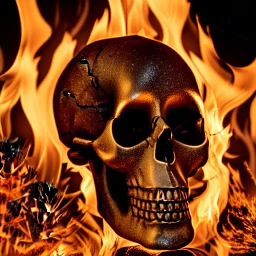 Image similar to golden human skull burning in fire