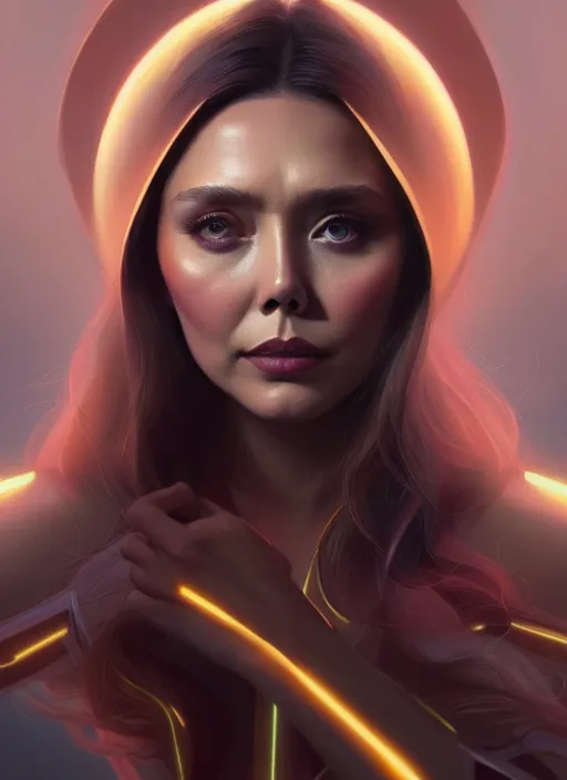 Image similar to portrait of modern darna, elizabeth olsen, intricate, elegant, glowing lights, highly detailed, digital painting, artstation, glamor pose, concept art, smooth, sharp focus, illustration, art by wlop, mars ravelo and greg rutkowski