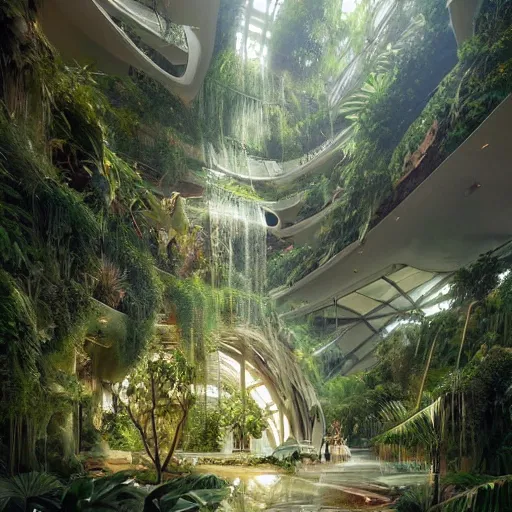 Image similar to stunning indoor jungle by greg rutkowski inside epic high technology biodome designed by zaha hadid, ultra detailed, highest quality, trending on artstation, 8 k