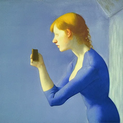 Image similar to close up of a girl in a blue and gold haunted liminal abandoned room, film still by edward hopper, by Pontormo, by klimt, art noveau, highly detailed, strong lights, liminal, eerie, Bright pastel colors