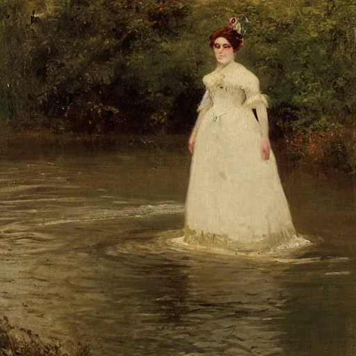 Image similar to young victorian lady in ball gown wading through a river, painted by alfred stevens