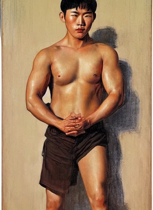 Image similar to a portrait of a muscular korean man with beautiful brown eyes and short black hair, art by manuel sanjulian