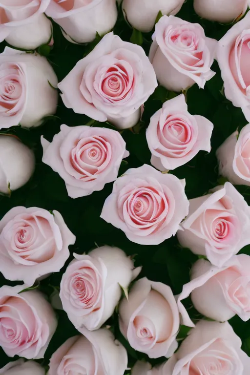 Image similar to Portrait Photo of Pink and White Roses surrounded by white rose petals on white marble, sunlit, 80s Versace ad, depth of field, highly detailed, award.