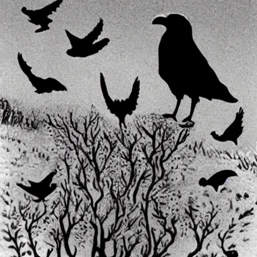 Prompt: folk horror lighthouse. flock of ravens. woman with auburn hair standing still