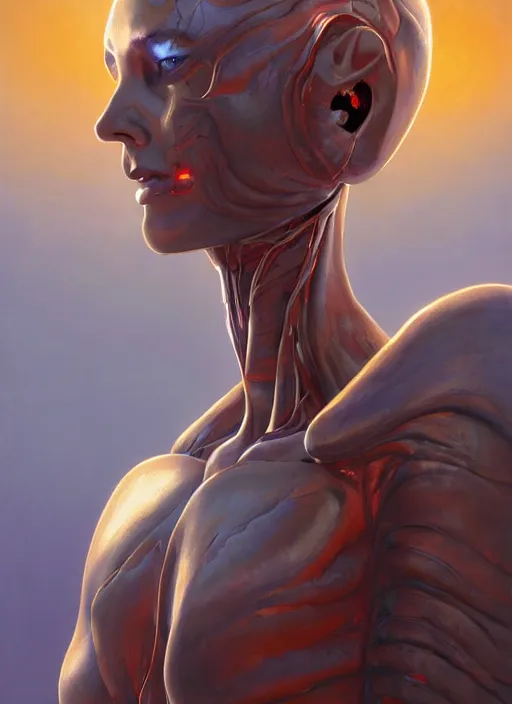 Prompt: biblical beautiful alien female android, bright glowing veins, in clouds, sunset, portrait, studio light, by gerald brom, by peter elson, muted colors, extreme detail, reflections, trending on artstation, 8 k