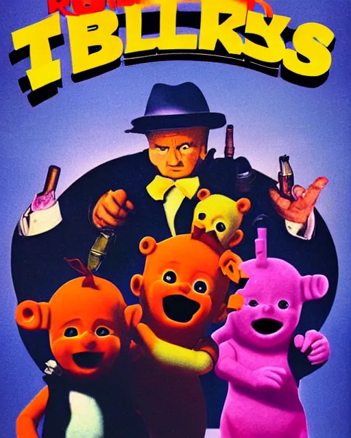 Prompt: a promotional poster for a gritty mafia - themed teletubbies movie, illustrated by robert mcginnis, poster design, film grain, 3 5 mm, 4 k detail