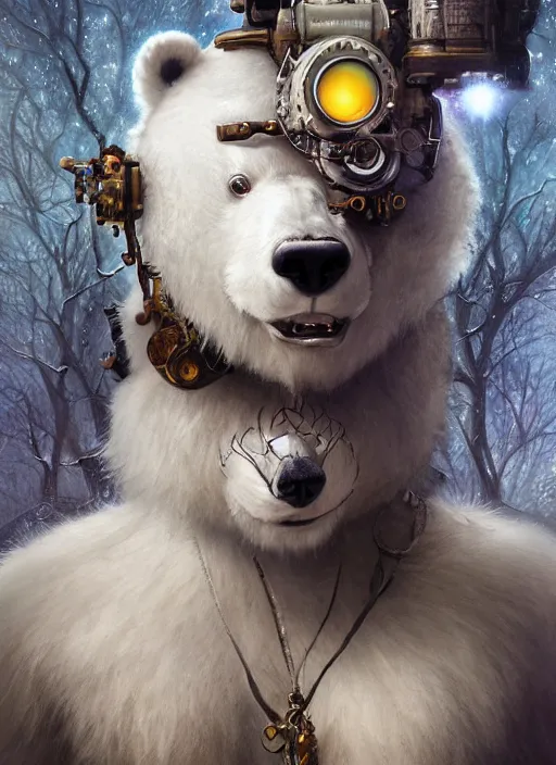 Image similar to white furry polar bear, steampunk googles, highly detailed, unreal engine 5, cinematic, 8 k, by megan duncanson, benjamin lacombe, adrian borda, stanley artgermm, tom bagshaw, craig mullins, carne griffiths, ayami kojima, beksinski, giger, trending on deviantart, hyper detailed, horror, full of colour