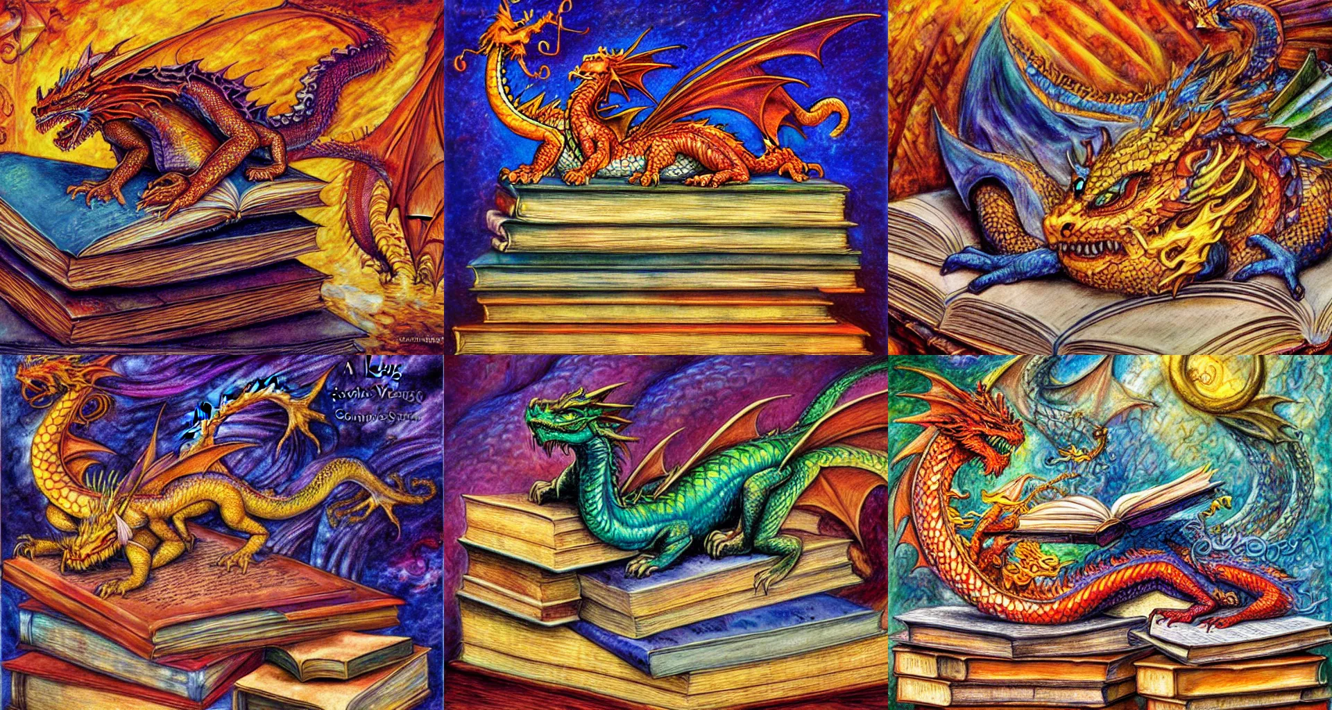 Prompt: A dragon sleeping on a pile of books, by Josephine Wall.