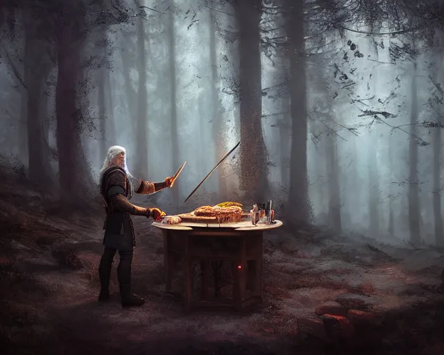 Image similar to 5 5 mm portrait photo of geralt of rivia serving doner kebab, in a magical forest. dark atmosphere. art by greg rutkowski. highly detailed 8 k. intricate. lifelike. soft light. nikon d 8 5 0.