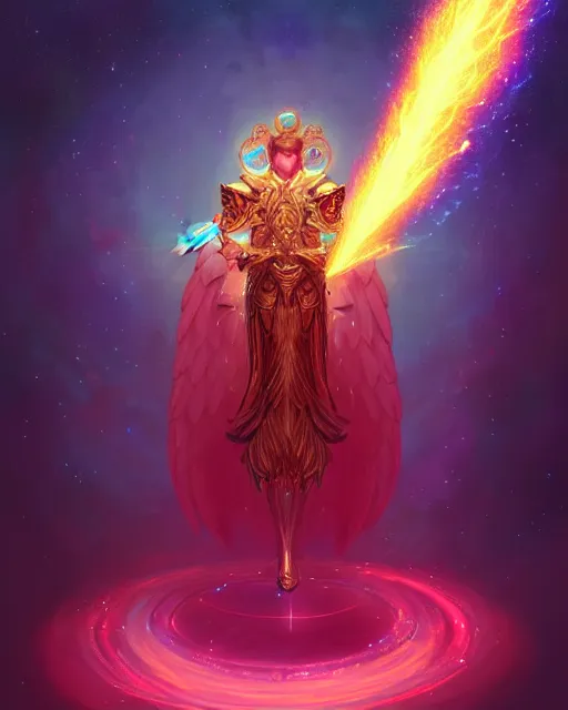 Image similar to a character portrait of only one male angel of justice with golden fiery wings, surrounded with spiriling sparkling rose crystals and galaxies, by peter mohrbacher, hyper light drifter, by ilya kuvshinov katsuhiro, jim burns, greg rutkowski, trending on artstation