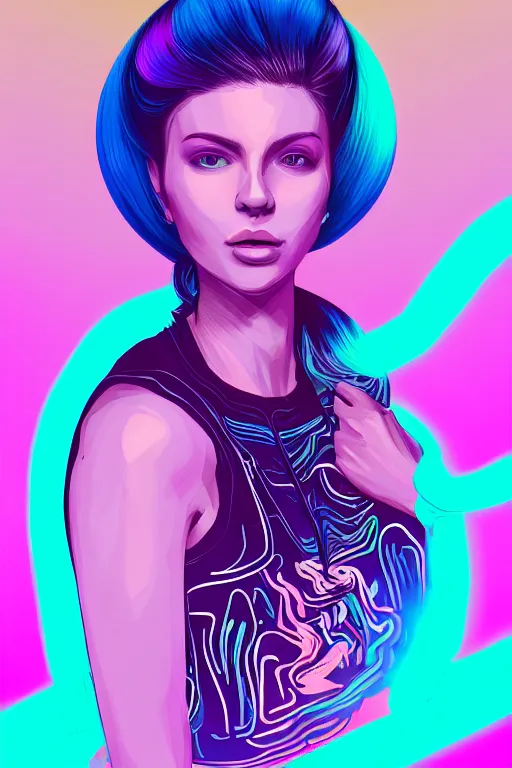 Image similar to a award winning half body portrait of a beautiful woman in a croptop and cargo pants with ombre purple pink teal hairstyle and hands in pockets by ari liloan, surrounded by whirling illuminated lines, outrun, vaporware, shaded flat illustration, digital art, trending on artstation, highly detailed, fine detail, intricate