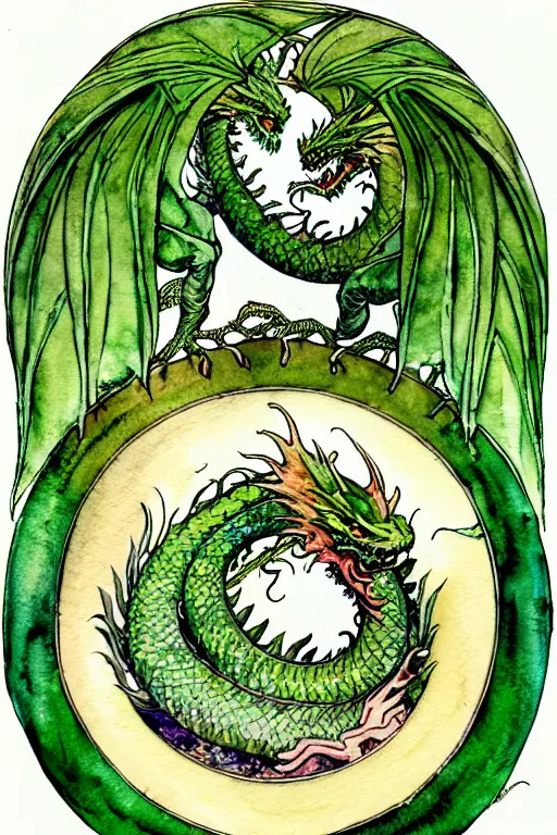 Prompt: green dragon watercolor painting in the center of a circular frame of leaves, art by walter crane and arthur rackham, illustration style, watercolor