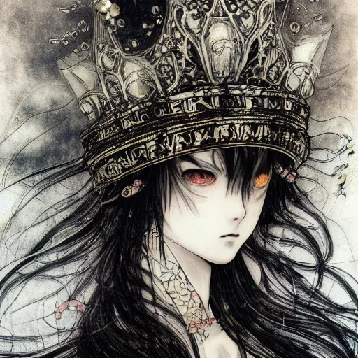 Image similar to yoshitaka amano blurred and dreamy illustration of an anime girl with black eyes, wavy white hair fluttering in the wind wearing elden ring armor and crown with engraving, abstract black and white patterns on the background, noisy film grain effect, highly detailed, renaissance oil painting, weird portrait angle, blurred lost edges, three quarter angle