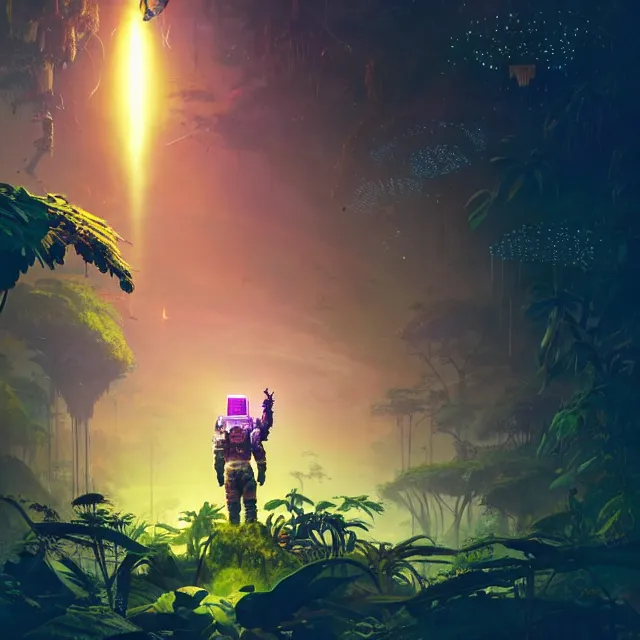 Prompt: an astronaut with a skull head, surrounded by bio - luminescent, glowing peaceful serene sentient solarpunk, plants, fauna, deep jungle. in the style of horizon zero dawn, scattered glowing pink fireflies, by greg rutkowski, beeple, sharp focus, digital painting, concept art