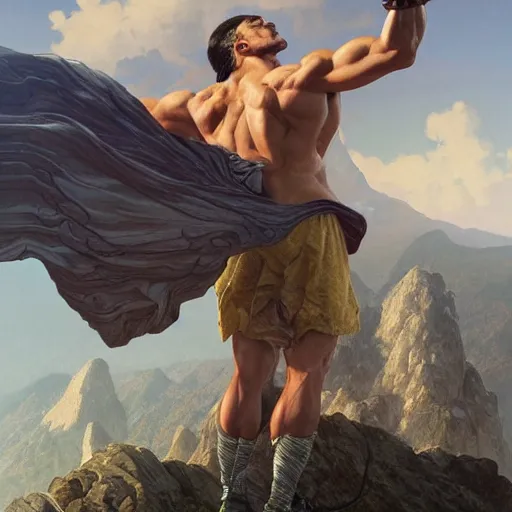 Image similar to ultra realistic illustration, a very tall and muscular gigachad flexing on top of a mountain, intricate, elegant, highly detailed, digital painting, artstation, concept art, smooth, sharp focus, illustration, art by artgerm and greg rutkowski and alphonse mucha