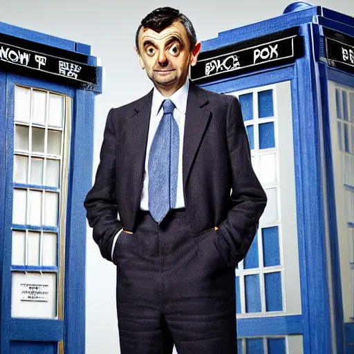 Prompt: Mr Bean (Rowan Atkinson) starring as the new Doctor Who 2022, standing in front of the TARDIS, award winning photography