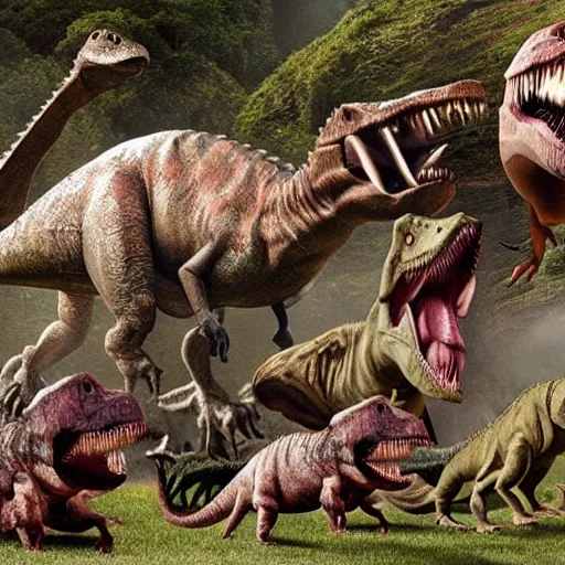 Prompt: Jurassic Park but the dinosaurs are people and the people are dinosaurs