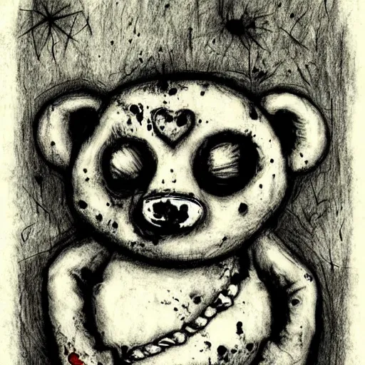 Prompt: dark art grunge drawing of a teddy bear with bloody eyes by - loony toons style, horror theme, detailed, elegant, intricate