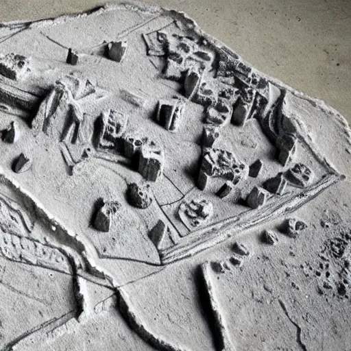 Image similar to prehistoric paleolithic city made of chalk, talc, quartz, aerial view