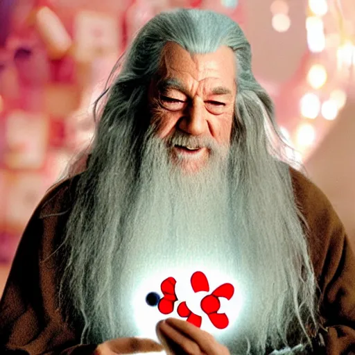 Image similar to portraid of happy gandalf wearing a Hello Kitty costume, holding a blank playing card up to the camera, movie still from the lord of the rings