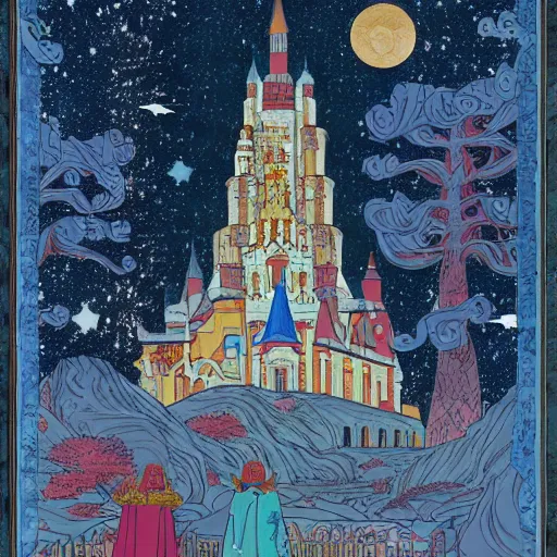 Image similar to stone castle, starry sky detailed ivan bilibin and edmund dulac and ilya kuvshinov and katsuhiro otomo inspired print