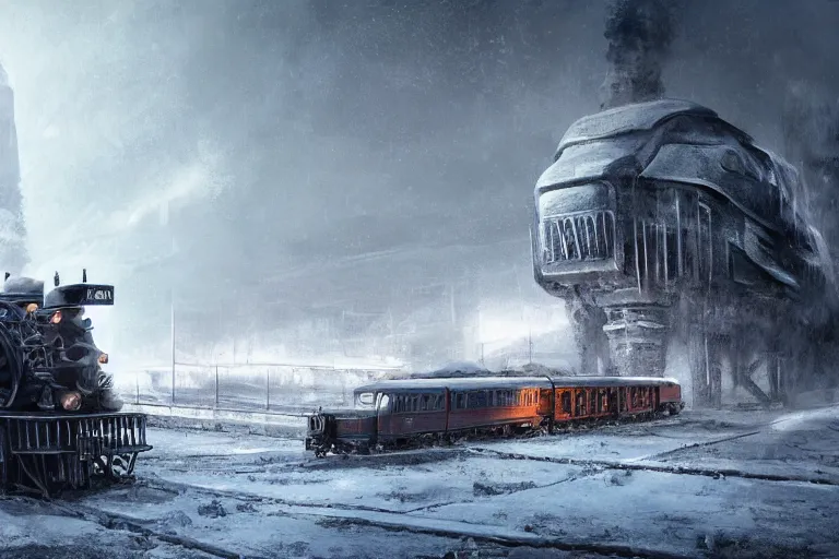 Prompt: a grand intricate futuristic black steam train next to a giant mammoth, post - apocalyptic ice landscape in snowstorm, concept art, artstation, highly detailed, digital art