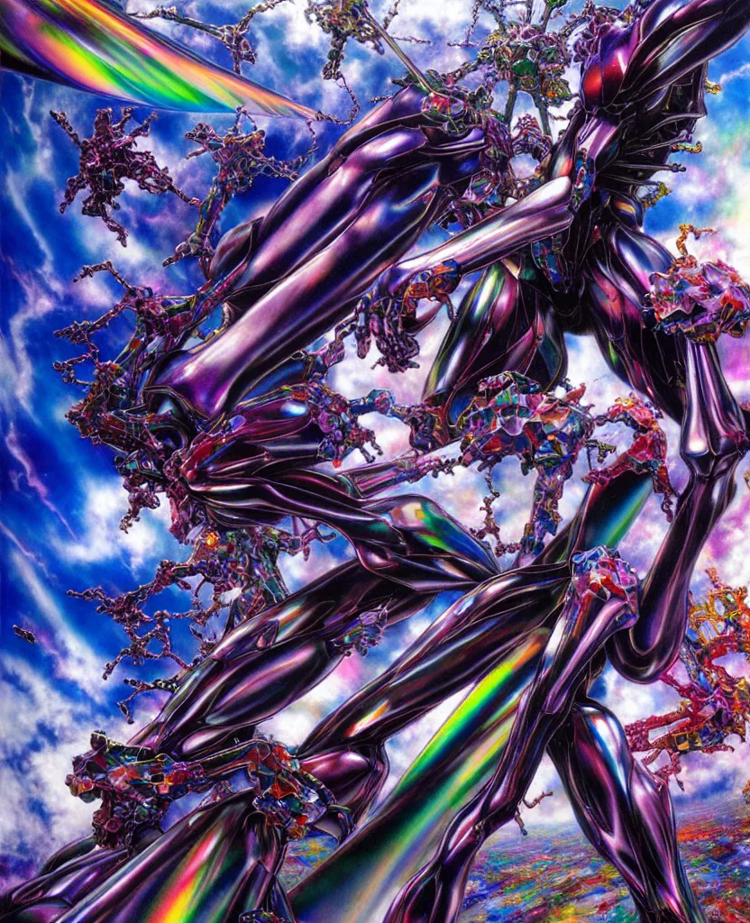 Image similar to realistic detailed image of ultra wrathful rainbow diamond iridescent mega neon genesis evangelion, depth perception, depth of field, action horror by ayami kojima, neo - gothic, gothic, part by adrian ghenie and gerhard richter. art by yoshitaka amano. masterpiece