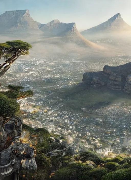 Image similar to chtulu attacking cape town city, table mountain, dense foliage beautiful details, strong composition by kim jung giu weta studio rutkowski, james gurney and greg rutkowski, and lucasfilm