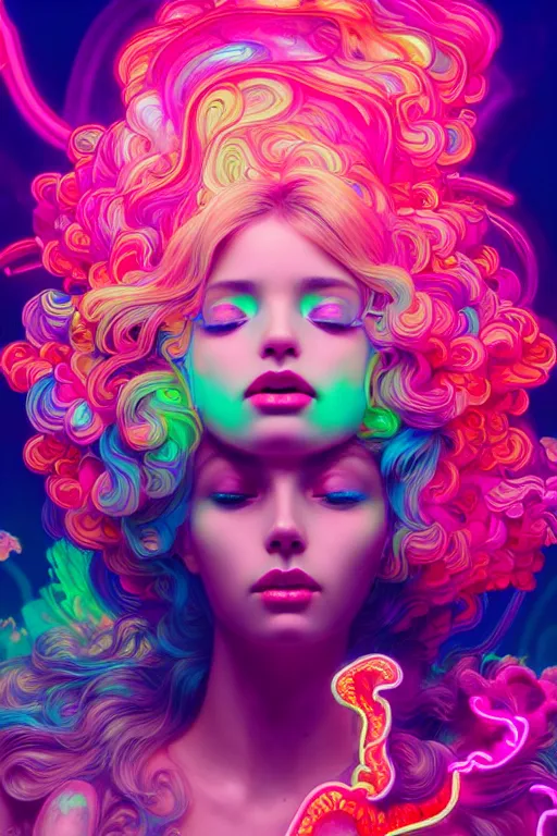 Image similar to a gorgeous woman surrounded by colorful liquid clouds and neon smoke, extremely detailed, psychedelic experience, psilocybin, dmt, lsd, face, highly detailed, artstation, chromostereopsis, digital art by hana yata, and artem demura and beeple, alphonse mucha, octane render, unreal engine, 8 k