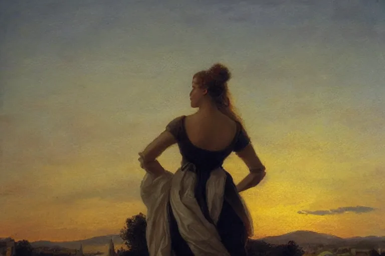 Image similar to cormon, fernand, a beautiful woman, sunset, artwork, rule of thirds