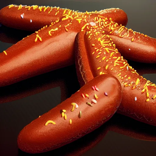 Image similar to chocolate starfish and the hot dog flavored water, oil painting, modern, hyper realism, artstation, unreal engine, 4 k, ultra detail, ultra quality