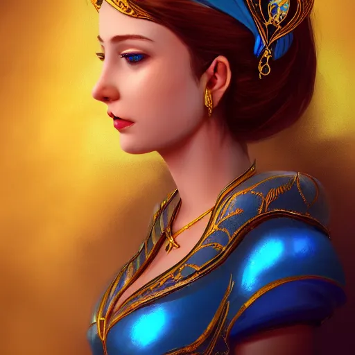Image similar to a photographic portrait of an fantasy 30 years old princess with a deep blue sapphire and gold small diadem, seductive look, warm and soft colours, light brown hair, cinematic light, bokeh, by Danny Battista canon 50mm, artstation