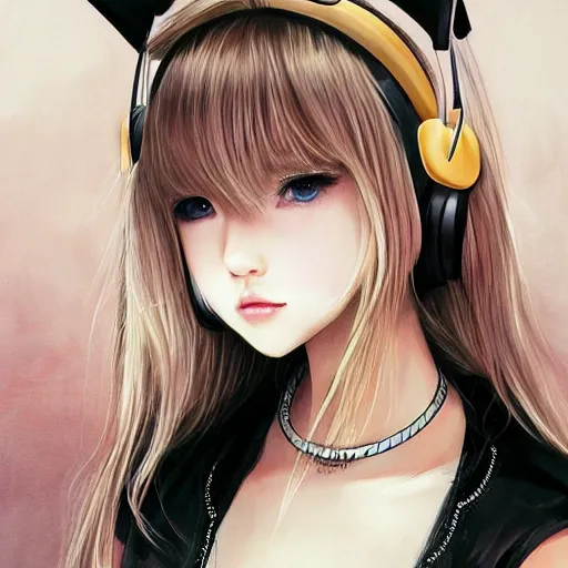 Image similar to realistic beautiful gorgeous natural cute Blackpink Lalisa Manoban blonde hair cute fur blonde cat ears, wearing camisole, wearing headphones, wearing black leather choker artwork drawn full HD 4K highest quality in artstyle by professional artists WLOP, Taejune Kim, Guweiz on Artstation Pixiv