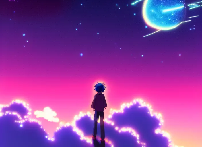 Prompt: pink and blue night sky, japanese anime, Your Name movie style, comet in sky, main character standing looking at sky, wallpaper, 4k, 8k, digital art