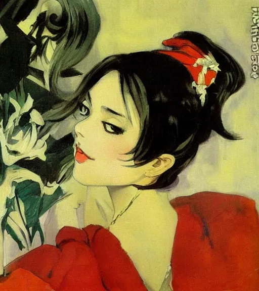 Image similar to valentin serov painting of an anime woman