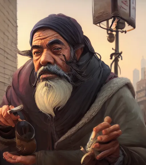 Image similar to Highly detailed portrait of homeless Master shifu, in GTA V, Stephen Bliss, unreal engine, fantasy art by Greg Rutkowski, Loish, Rhads, ferdinand knab, Makoto Shinkai and Lois van baarle, ilya kuvshinov, rossdraws, Tom Bagshaw, global illumination, radiant light, detailed and intricate environment