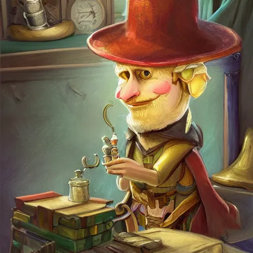 Image similar to Anthropomorphized parrot trader in his shop, portrait, items, magic potions, carpet, window, fancy hat, sly expression , cunning expression, cute expression, D&D, fantasy, cinematic lighting, highly detailed, digital painting, artstation, concept art, smooth, sharp focus, illustration, warm light, cozy warm tint, magic the gathering artwork, volumetric lighting, 8k, art by Akihiko Yoshida, Greg Rutkowski