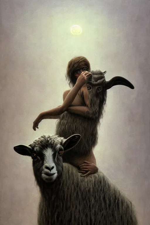 Image similar to painting of hybrid between human andy milonakis and a goat, by zdzislaw beksinski, by tiffany bozic, cold hue's, warm tone gradient background, concept art, beautiful composition, digital painting