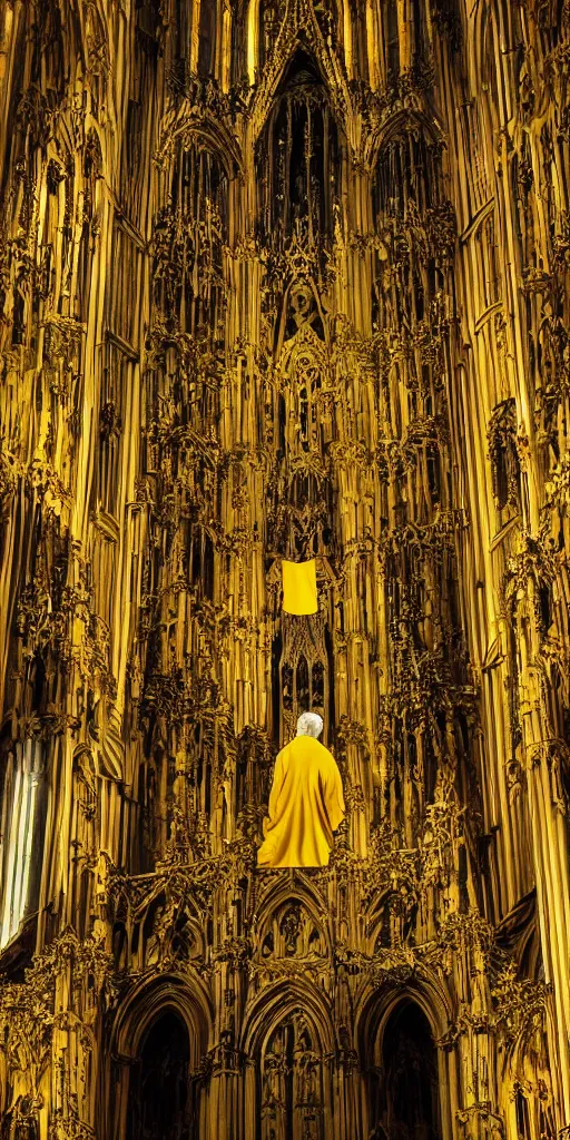 Prompt: a tall pale humanoid wearing a yellow garment sitting upon an ornate stone throne, 4K, digital art, horror, dramatic, wearing a long yellow rotting garment, dark, hyperrealistic, perspective, complex (((dark))) cathedral background with volumetric lights coming in through cathedral windows, dark background, highlights,