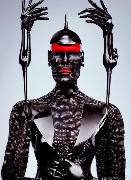 Prompt: a beautiful portrait of grace jones as a cyborg, by gilles berquet, serge lutens, hajime sorayama, wearing atsuko kudo latex outfit, photorealistic, intricate details, hyper realistic, photorealistic, photography, symmetrical features, symmetrical pose, wide angle shot, head to toe, standing pose, feet on the ground,