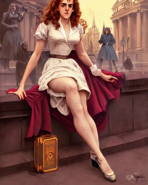 Prompt: pinup photo of hermione granger by emma watson in the crowded square of the city, by greg rutkowski, gil elvgren, enoch bolles, glossy skin, pearlescent, very coherent, flat