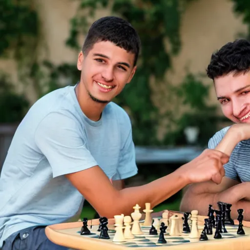 Image similar to two young guys are sitting at a table, playing chess. One is wearing a yellow tanktop and is smiling. The other has a white shirt and looks angry. The sky is blue with a Mediterranean background. Foto. Detailed faces. Detailed hands.