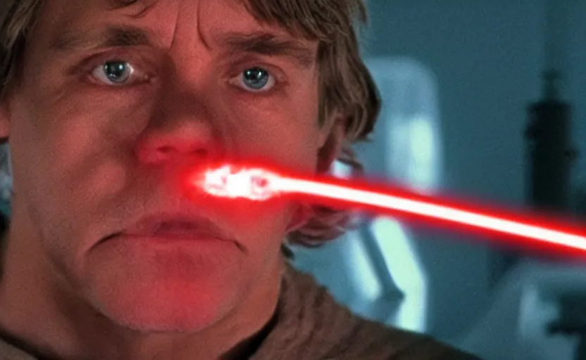 Image similar to screenshot close up portrait of Luke Skywalker's face with a red lightsaber inches away from slicing him, iconic scene from 1983 film by Stanley Kubrick, last jedi, 4k HD, movie still, explosions, cinematic lighting, beautiful portrait of Mark Hammill, moody scene, stunning cinematography, anamorphic lenses, kodak color film stock