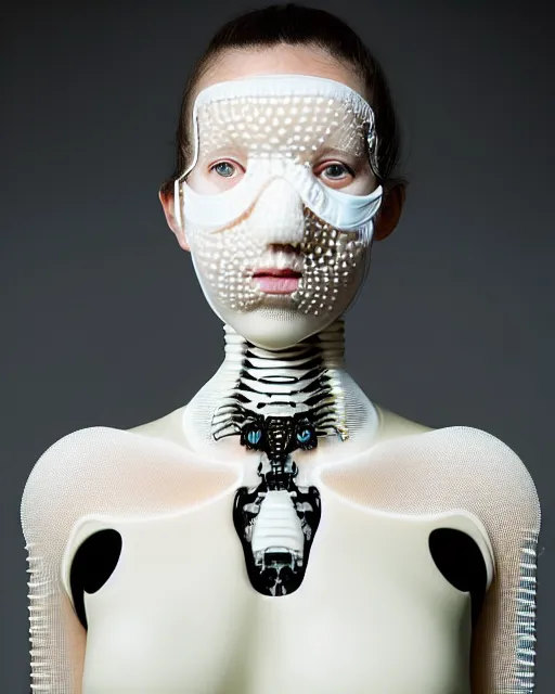 Prompt: portrait of a woman wearing a white embroidered translucent silicone mask and white acid green frizzy hair buns, wearing a black bodysuit by alexander mcqueen, cream white background, soft diffused light, biotechnology, humanoide robot, bjork aesthetic, translucent, by rineke dijkstra, intricate details, highly detailed, masterpiece,