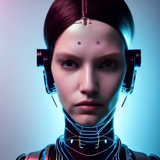 Image similar to Perfectly-Centered Upper-body Portrait-Photograph of Mechanical Cyberpunk Female Android, intricate, elegant, super highly detailed, professional digital painting, artstation, concept art, smooth, sharp focus, no blur, no dof, extreme illustration, Unreal Engine 5, Photorealism, HD quality, 8k resolution, cinema 4d, 3D, beautiful, cinematic, art by artgerm and greg rutkowski and alphonse mucha and loish and WLOP